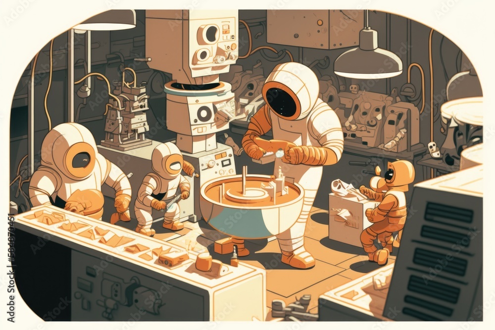 Poster a group of cartoon characters sta nding around a kitchen with food in it lunar landscape lithography