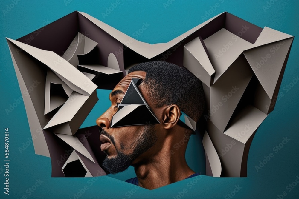 Poster a man with a triangle shaped object in his face and a triangle shaped object in the background bank 
