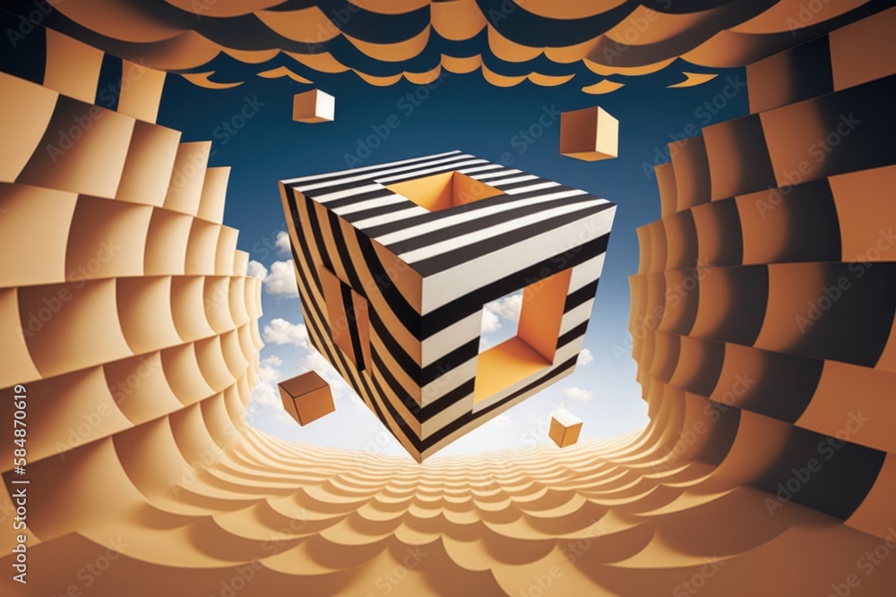 Poster a surreal image of a cube in a surreal way with a sky background factory op art cloud computing