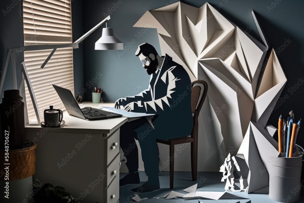 Poster a man sitting at a desk with a laptop computer in front of him tundra paper cutting advertising desi