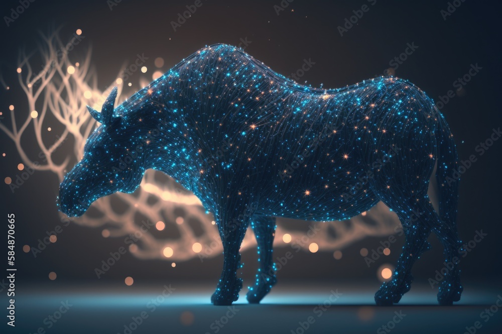 Poster a blue bull standing in front of a black background with stars zoo animation motion graphics generat