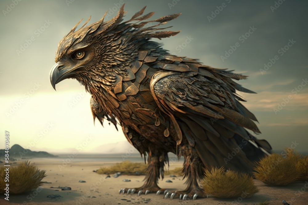 Poster a bird with feathers on its head standing in the desert with a mountain in the background junkyard e