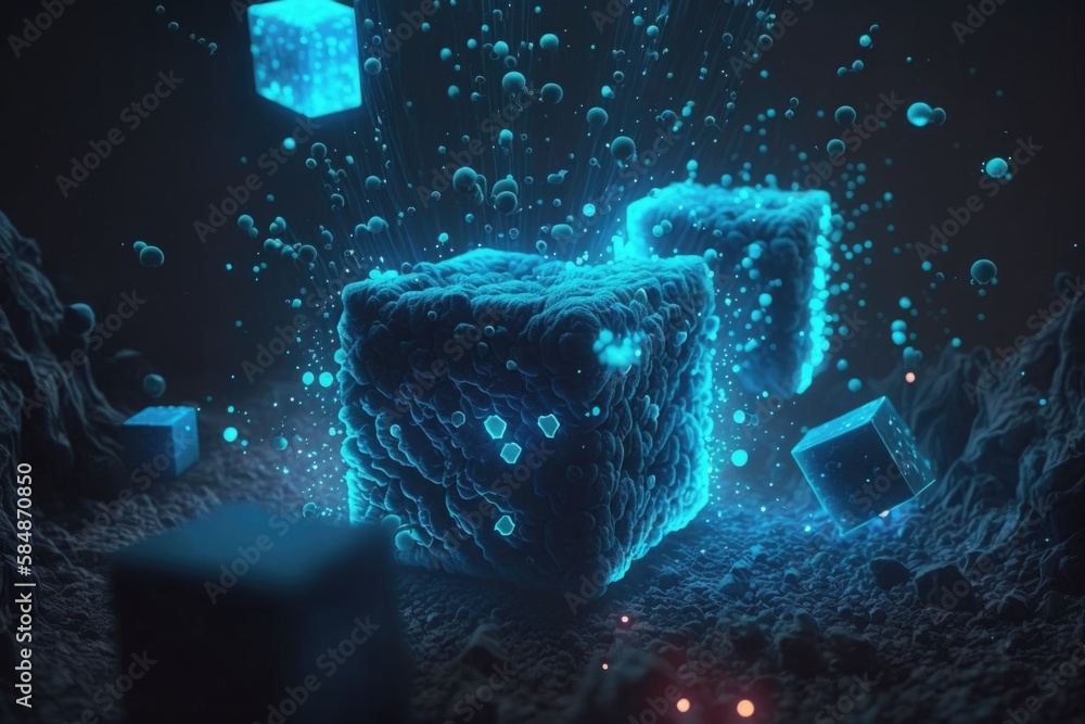 Poster a cube with bubbles floating around it in the dark night sky deep sea trench animation motion graphi