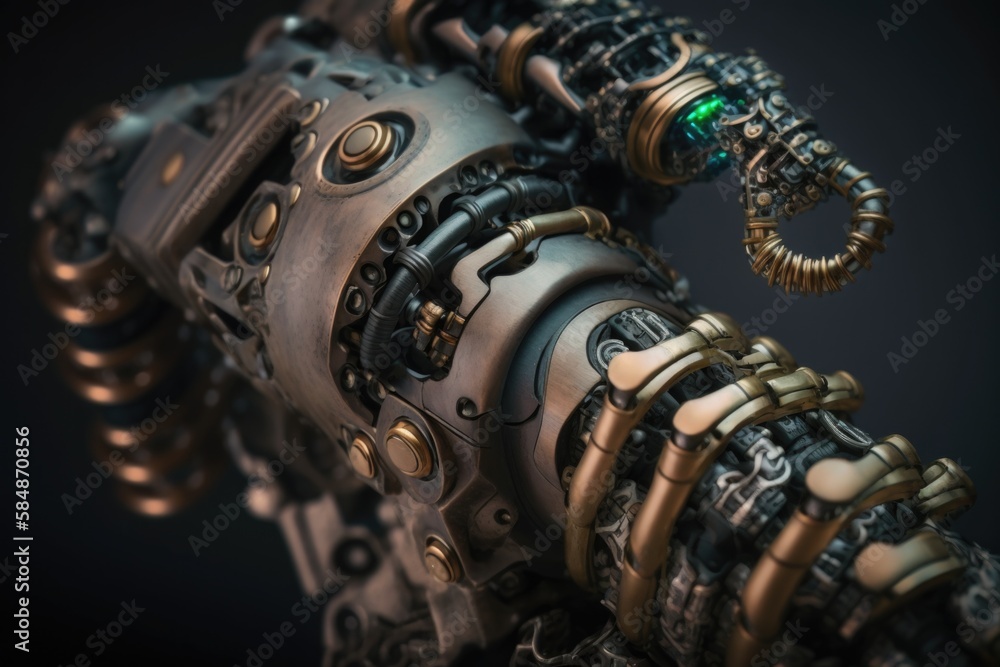Poster a close up of a robot hand with a green light on it junkyard kinetic art robotics engineering