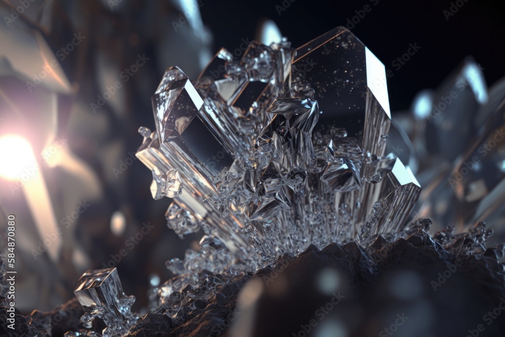 Poster a close up of a crystal object with a black background and a light shining through it glacier macro 