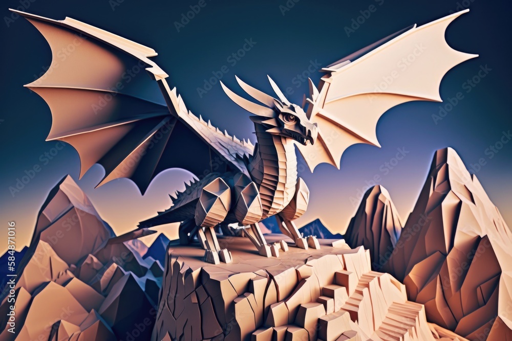 Poster a dragon is sitting on a mountain top with its wings spread old stone fortress paper cutting compute