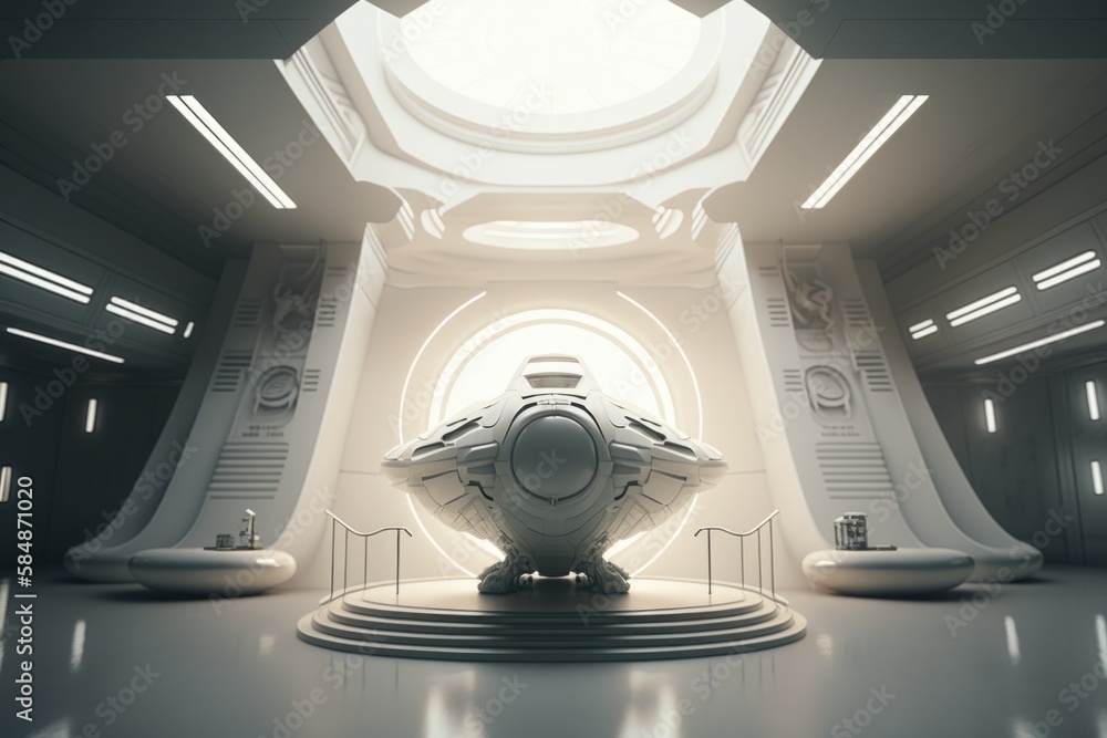 Aufkleber a futuristic space station with a large white object in the center conference room photorealism 3d m