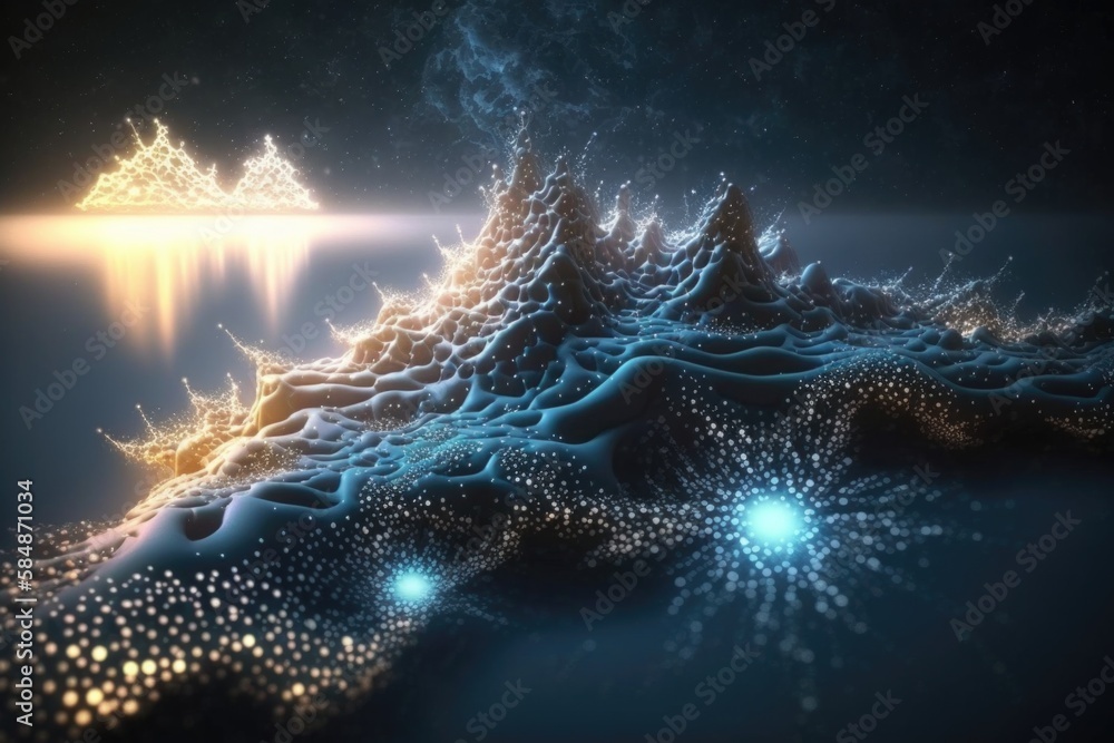 Poster a computer generated image of a mountain with a star filled sky deep sea trench video art motion gra