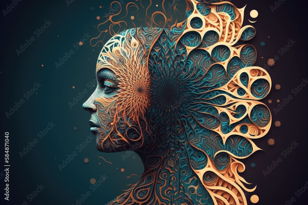 Poster a woman's face with intricate patterns on it's face marina digital art natural language processing g