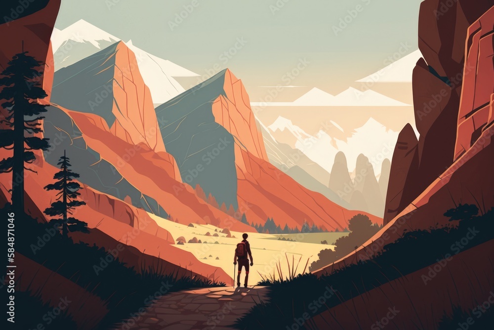 Poster a man standing on a path in the mountains with a view of a valley rustic mountain trail environmenta