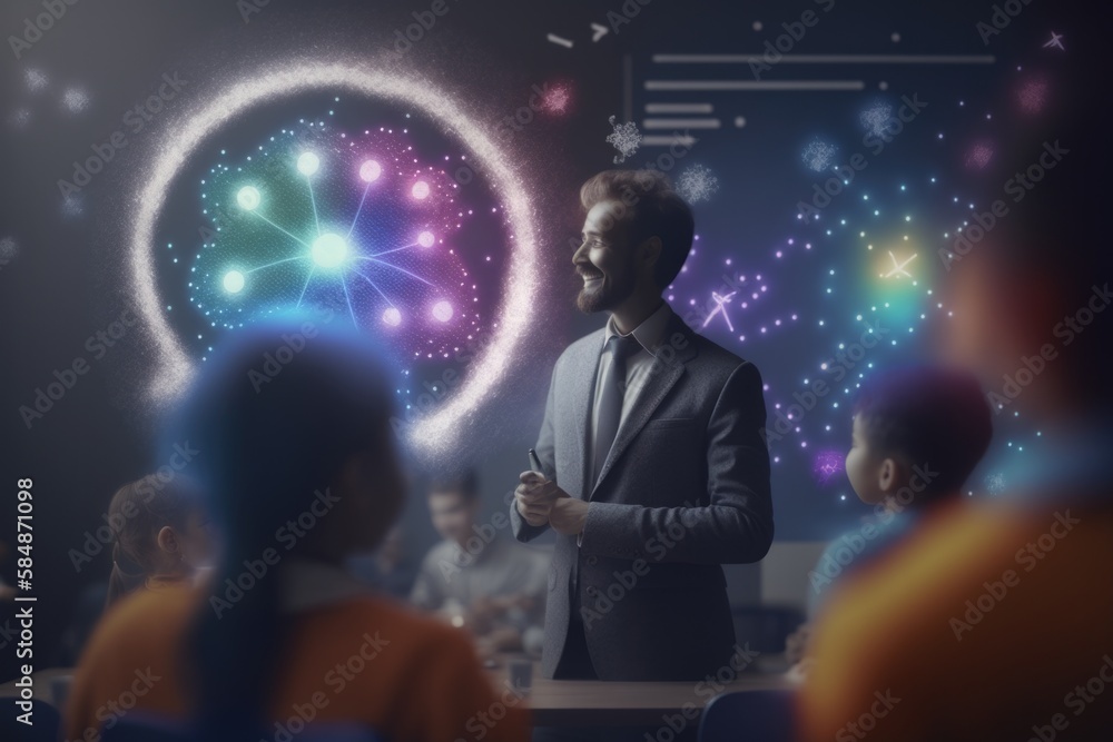 Poster a man standing in front of a group of people in a room classroom animation mathematics education gen