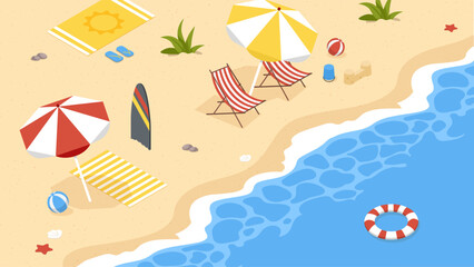 Beach shore concept. Sea or ocean coast with umbrella, surfboard and chairs. Summer holiday and vacation. Resort and paradise, hot weather. Cartoon isometric vector illustration - obrazy, fototapety, plakaty