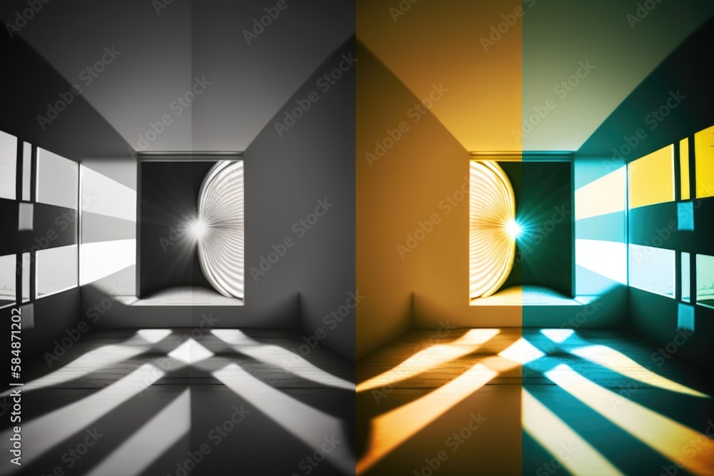 Aufkleber a room with a window and a light coming through it with a shadow arcade stereoscopic photography lig