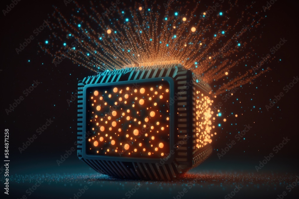 Poster a glowing object with a black background and a black background with a blue and orange pattern facto