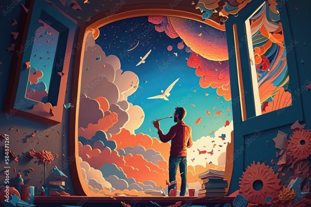 Poster a man standing in front of a window looking out at a sky filled with clouds oasis digital art instru