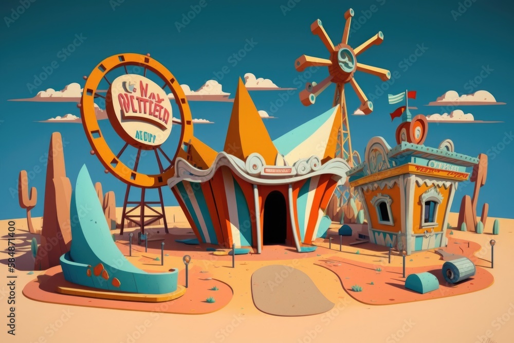 Fototapete a carnival with a ferris wheel and a sign for a restaurant amusement park animation motion graphics 