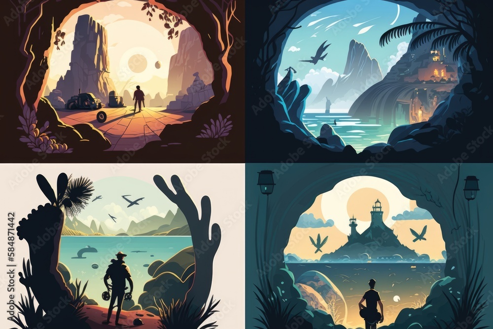 Aufkleber four different illustrations of a man standing in a cave with a view of a mountain coral reef animat