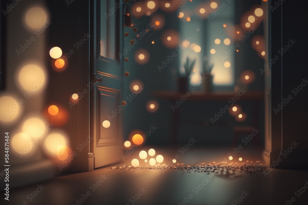 Poster a room with a door and a window with lights coming out bedroom animation motion graphics generative 