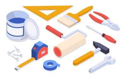 Fototapeta premium Set of building tools. Paint, roller, brush and tape measure. Electrical tape and nails, hammer and screwdriver, pliers. Cartoon isometric vector illustrations isolated on white background