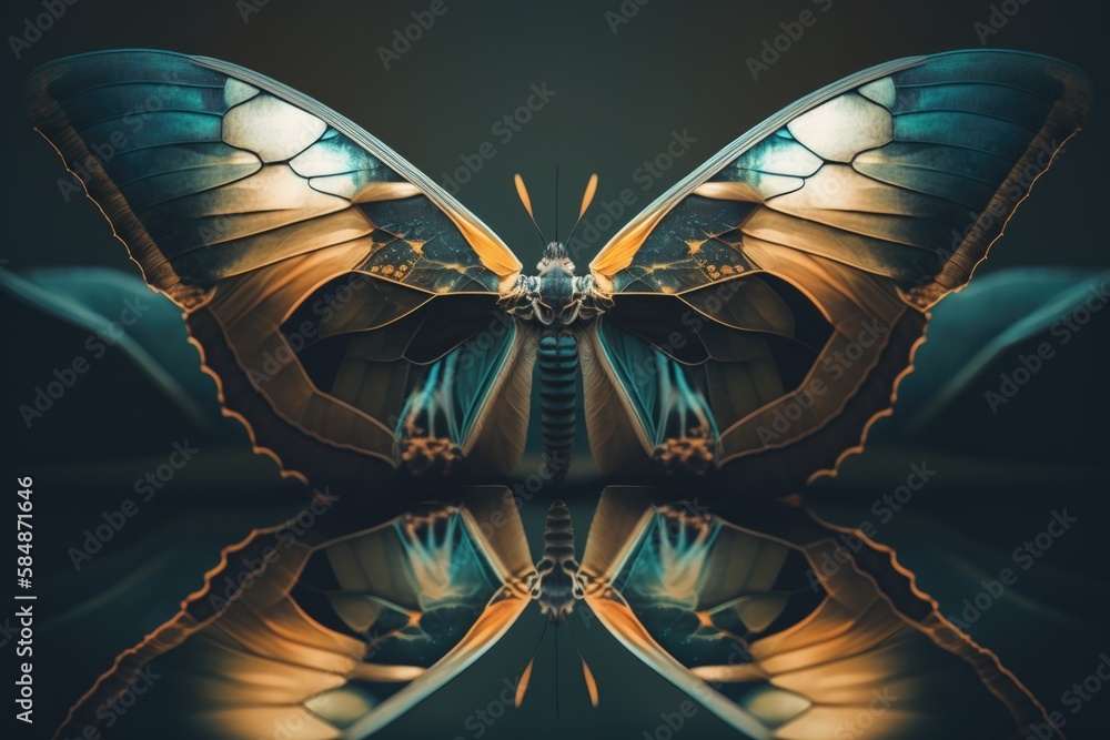 Poster a butterfly with a reflection of itself in the water's surface zoo macro photography macro photograp