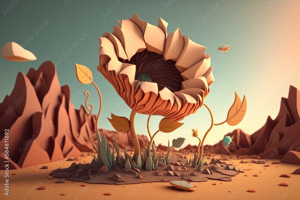 Poster a computer generated image of a flower in a desert landscape with rocks and grass desert animation m