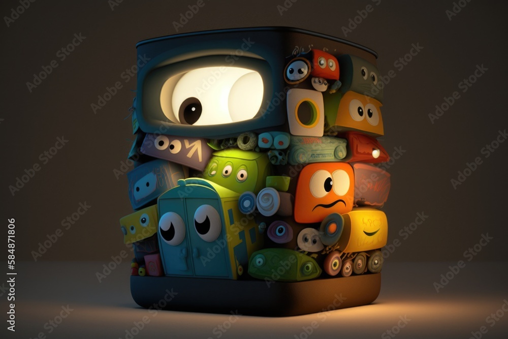 Poster a cartoon character made of many different objects with eyes and eyes hostel found object art animat