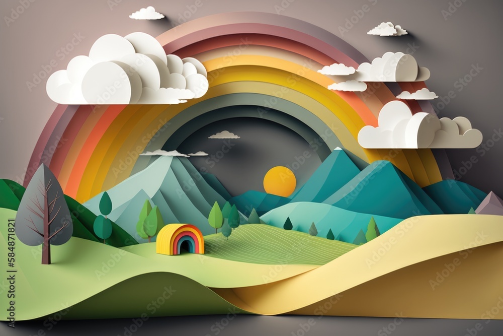 Aufkleber a paper cut of a rainbow and clouds in the sky with trees mountain range at sunrise paper cutting mo