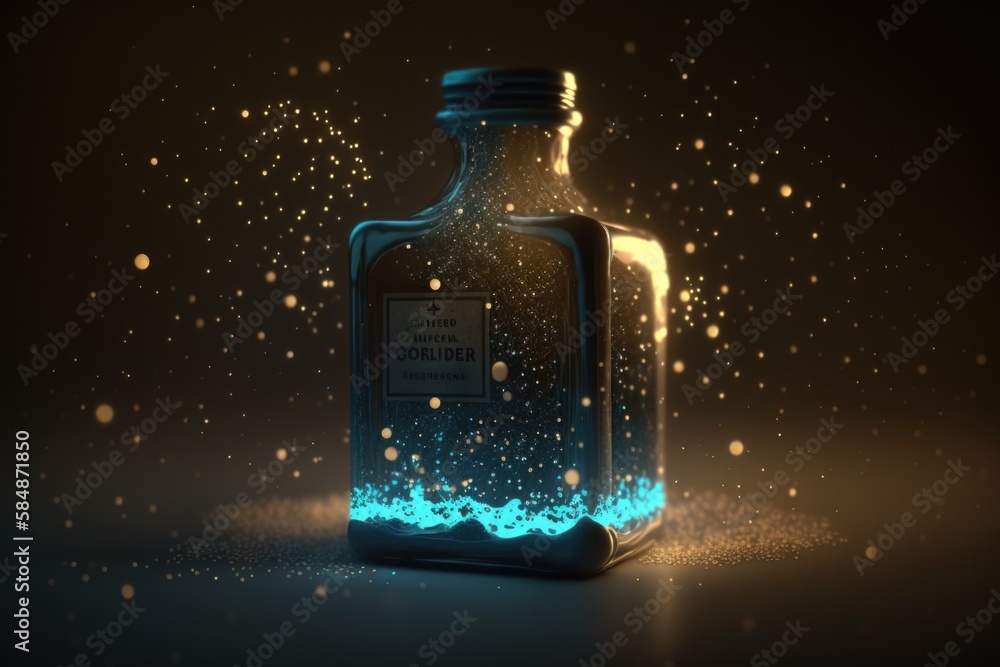 Poster a bottle with a glow inside of it on a table with a black background distillery high-speed photograp