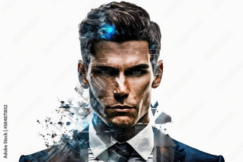 Poster a man in a suit and tie with a futuristic face and a futuristic background law office digital art co
