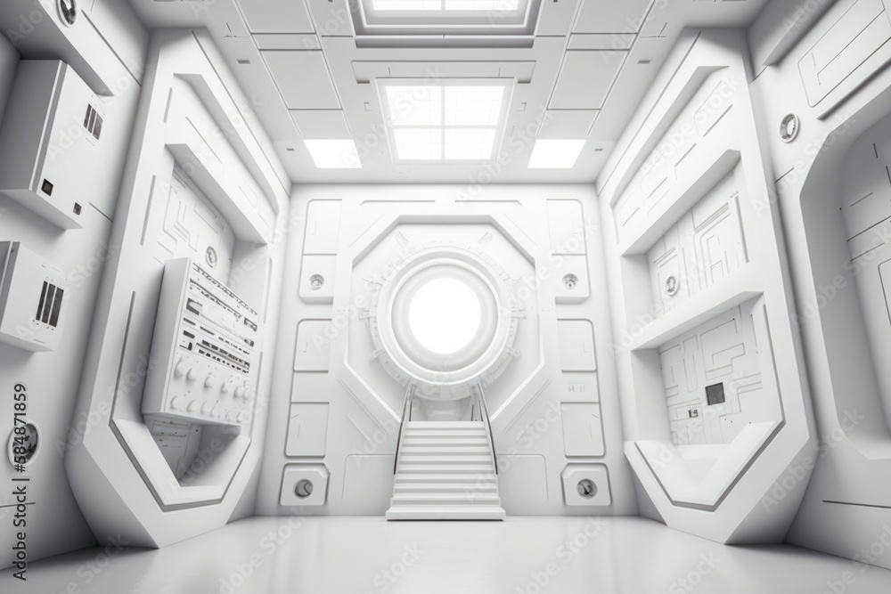 Poster a white room with a staircase and a window in it with a bright light coming through the window wareh