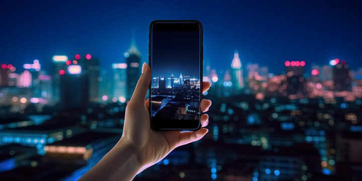 Woman hand taking photo of the night city with a smartphone from the roof of a skyscraper. Cell phone. Mobility and modern lifestyle concept. 