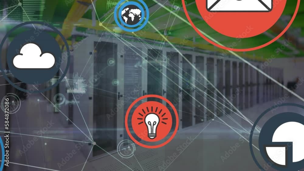 Poster animation of network of connections with icons over computer servers