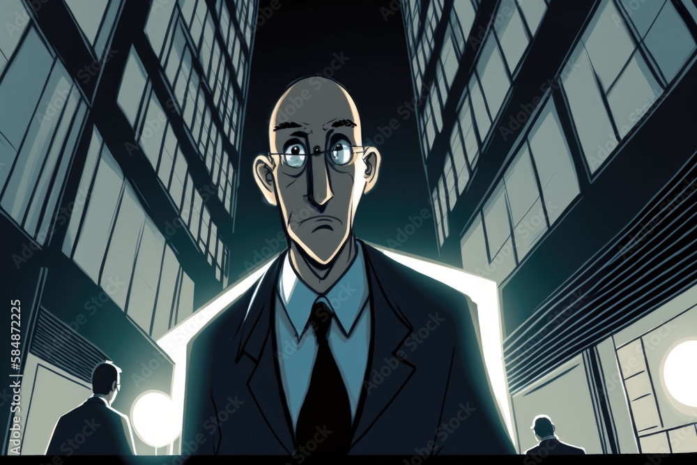 Poster a man in a suit and tie standing in a hallway with a building in the background modern city at dusk 