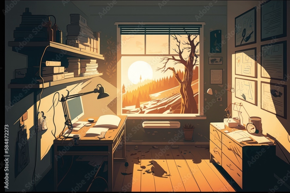Poster a room with a desk computer and a window with a view of a snowy mountain rustic cabin in autumn fore
