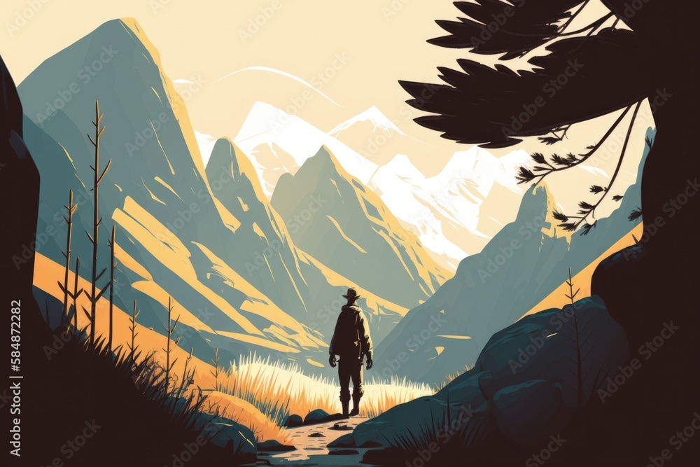 Poster a man standing on a mountain looking at a valley with mountains in the background rustic mountain tr