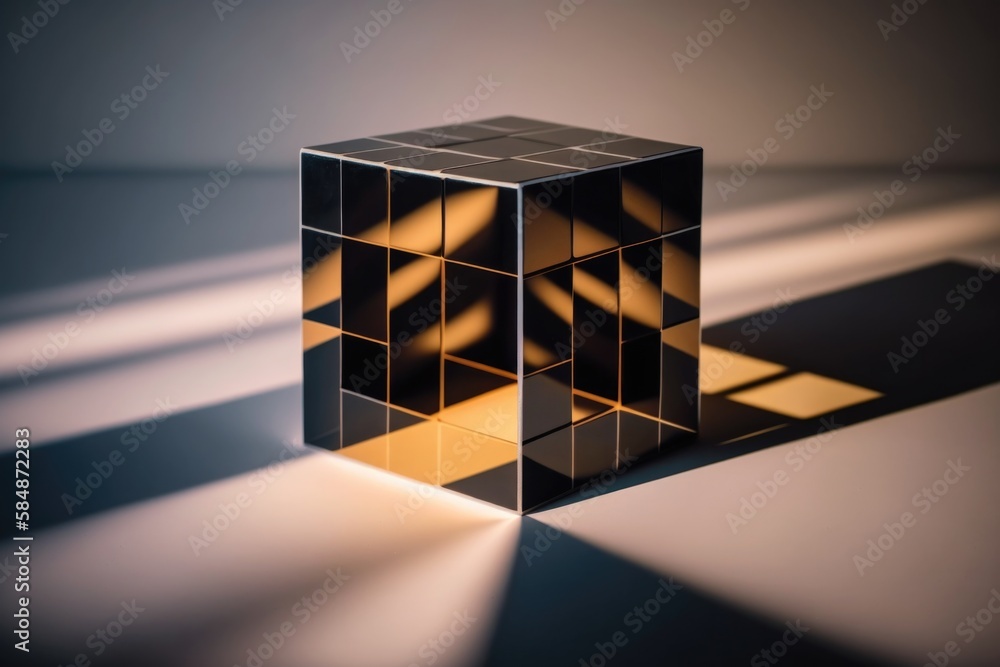 Poster a cube with a shadow on the floor and a light coming through it science museum cubism financial mode