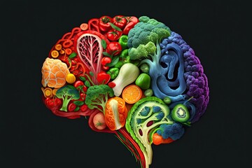 Human brain made of variety of colorful vegetables. Healthy vegetables for strong brain. Great for education, mediine, vegetarian, vegan, healthy nutrition concepts. Generative AI