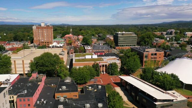 2022 - aerial establishing of Charlottesville, Virginia downtown business district.