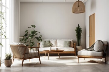 A couch and armchair sit in a living room with a bright white wall. Generative AI