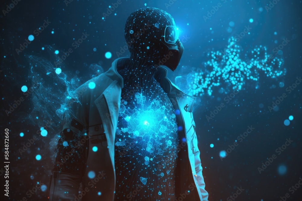 Poster a man in a gas mask and a jacket with a glowing star in the background factory digital art science w
