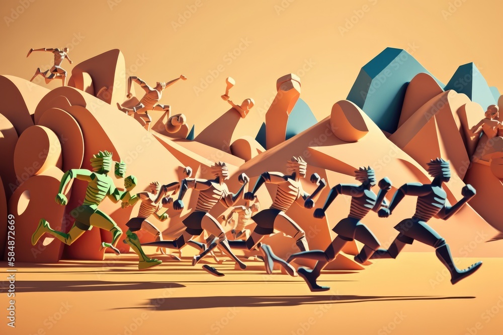 Poster a group of people running across a desert covered with rocks and mountains desert animation game des