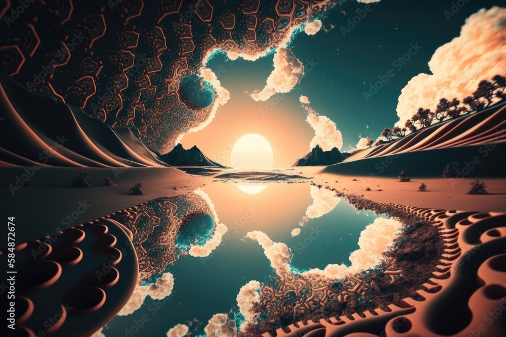 Poster a computer generated image of a sunset and clouds in the sky lunar landscape surrealism digital art 