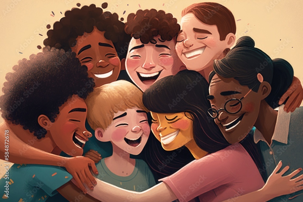 Poster a group of people hugging each other with their arms around each other hostel animation diversity an
