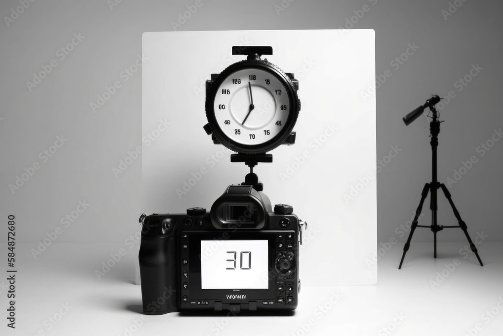 Poster a camera and a clock on a tripod in front of a white background workshop time-lapse photography prod