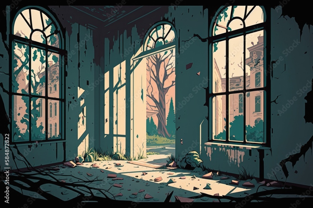 Poster a room with a broken window and a broken floor with a broken floor abandoned building woodcut enviro