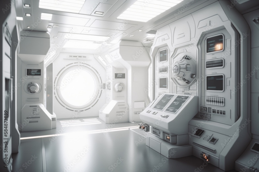 Poster a futuristic space station with a bright window and a view of the inside classroom photorealism user