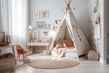 Fototapeta na wymiar Vertical scandinavian kids bedroom with tent, toys, cushions, and wall painting, actual picture. Generative AI