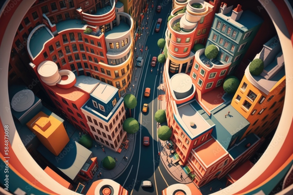 Poster a view of a city from a high angle of a building urban street animation motion graphics generative a
