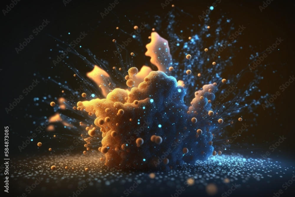 Poster a blue and yellow object is exploding in the air with bubbles deep sea trench animation motion graph