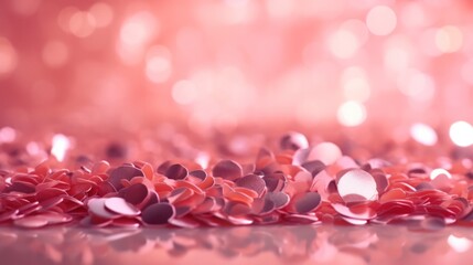 Shiny reflection of pink confetti. Pink confetti scattered on the floor, bokeh pastel pink background. Generative AI.